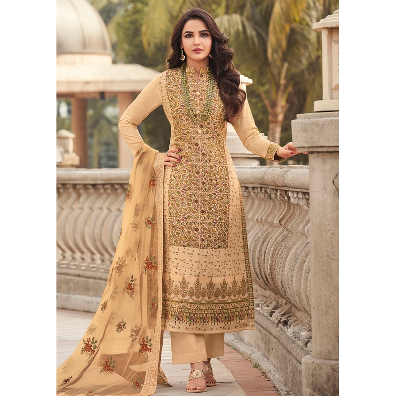 Pretty Beige Viscose Jacquard Pant Style Salwar Kurta Set