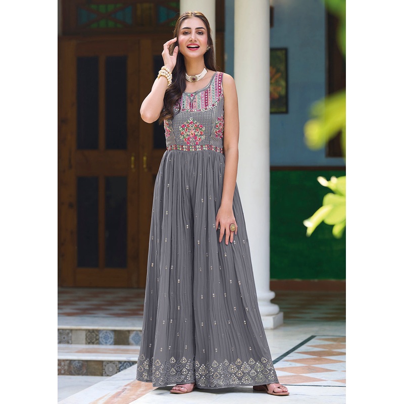 Pretty Grey Indo-Western Embroidered Georgette Jumpsuit