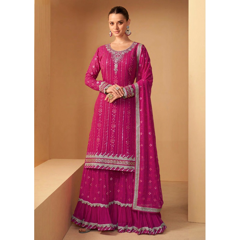 Pretty Hot Pink Sequins Embroidered Sharara Style Suit