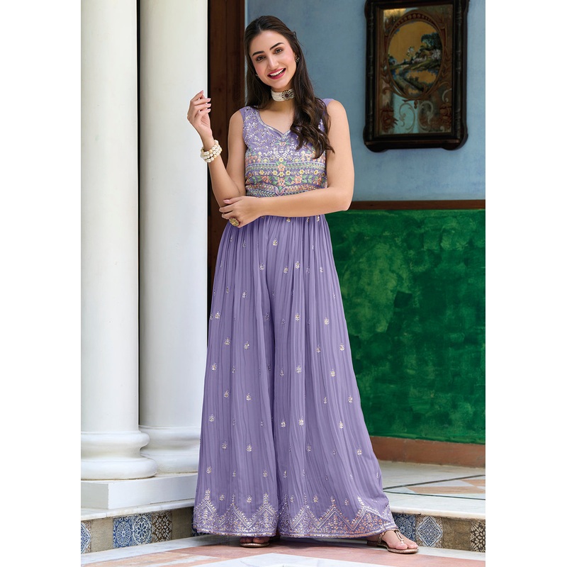 Pretty Lilac Indo-Western Embroidered Georgette Jumpsuit