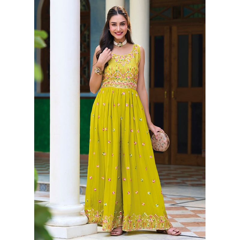 Pretty Mustard Indo-Western Embroidered Georgette Jumpsuit