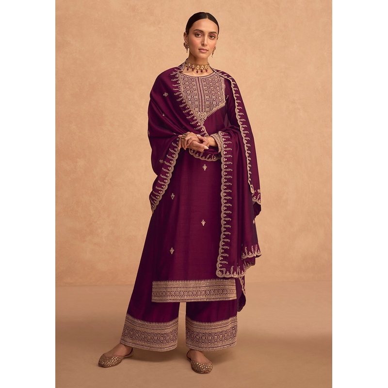 Pretty Plum Wine Premium Silk Embroidered Indian Palazzo Suit