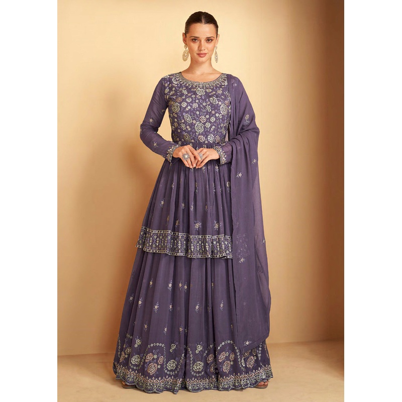 Pretty Purple Sequins Embroidered Sharara Style Suit