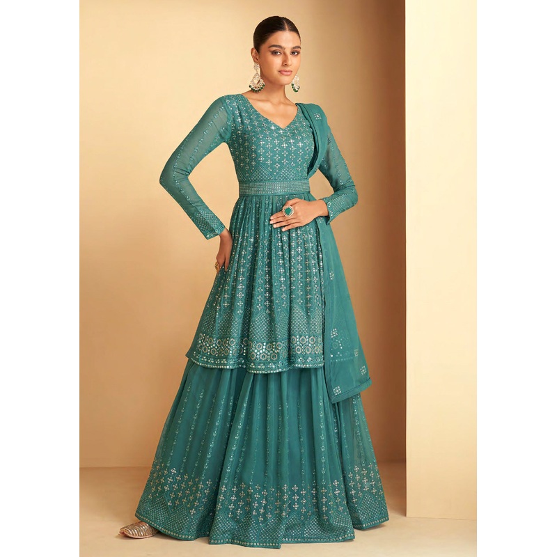 Pretty Sea Green Sequins Embroidered Sharara Style Suit