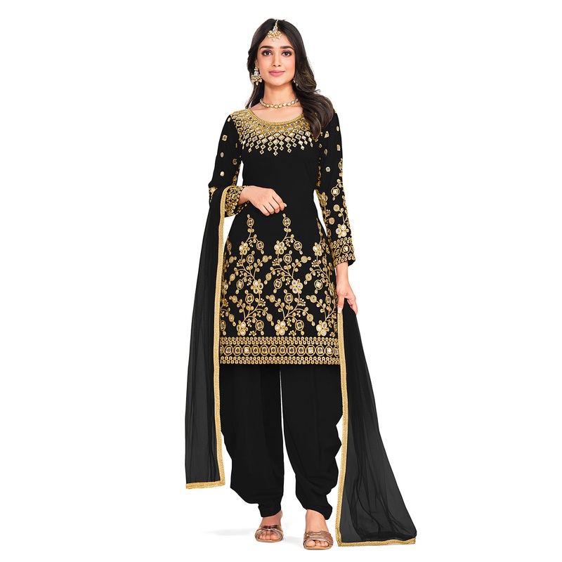 Punjabi Style Black Silk Mirror Work Patiala Suit