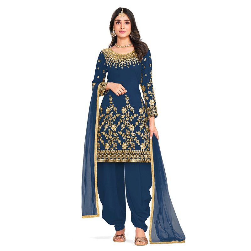 Punjabi Style Blue Silk Mirror Work Patiala Suit