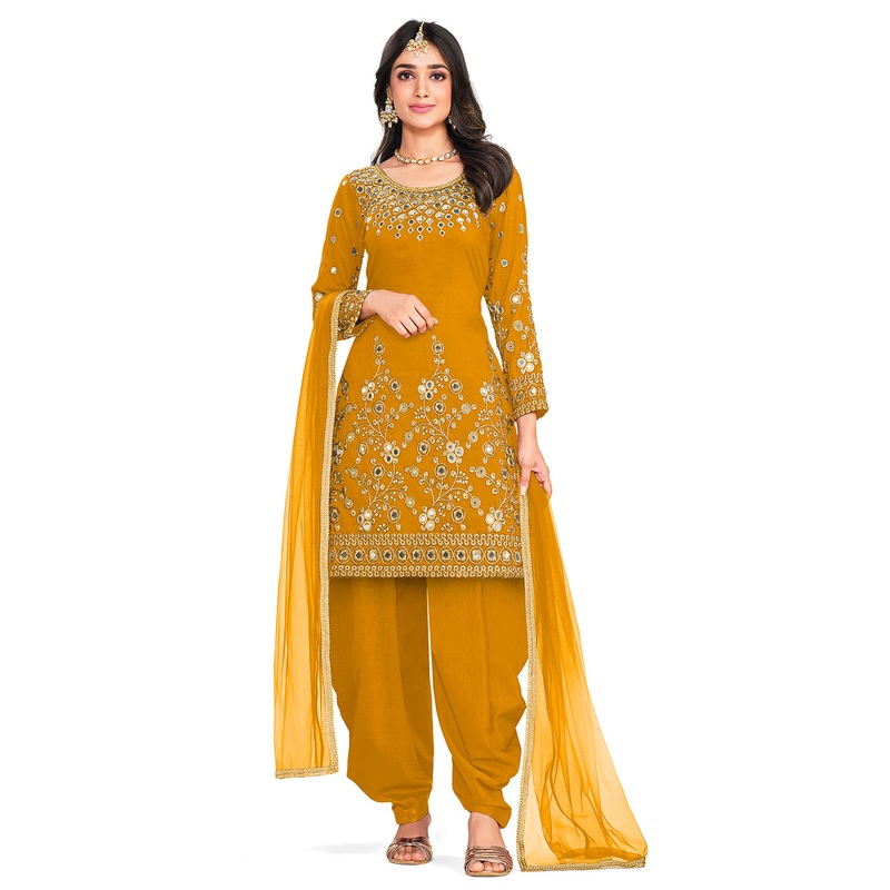 Punjabi Style Mustard Silk Mirror Work Patiala Suit