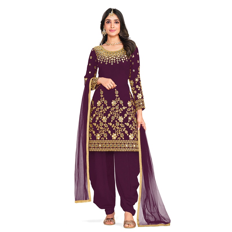 Punjabi Style Purple Silk Mirror Work Patiala Suit