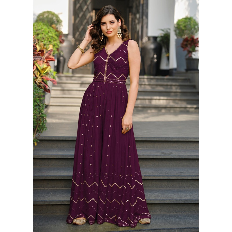 Purple Indo-Western Embroidered Chinon Jumpsuit