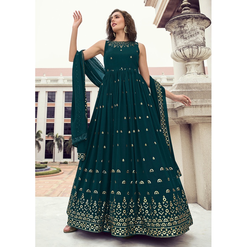 Rama Teal Georgette Thread & Sequins Wedding Party Gown