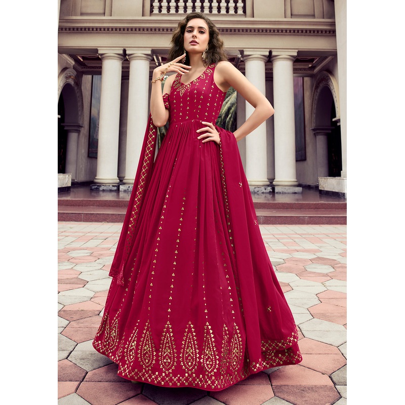 Rani Pink Georgette Thread & Sequins Wedding Party Gown