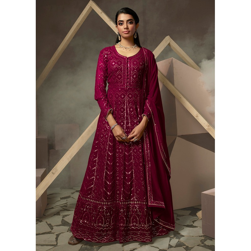 Rani Pink Lucknowi Style Embroidered Georgette Gown