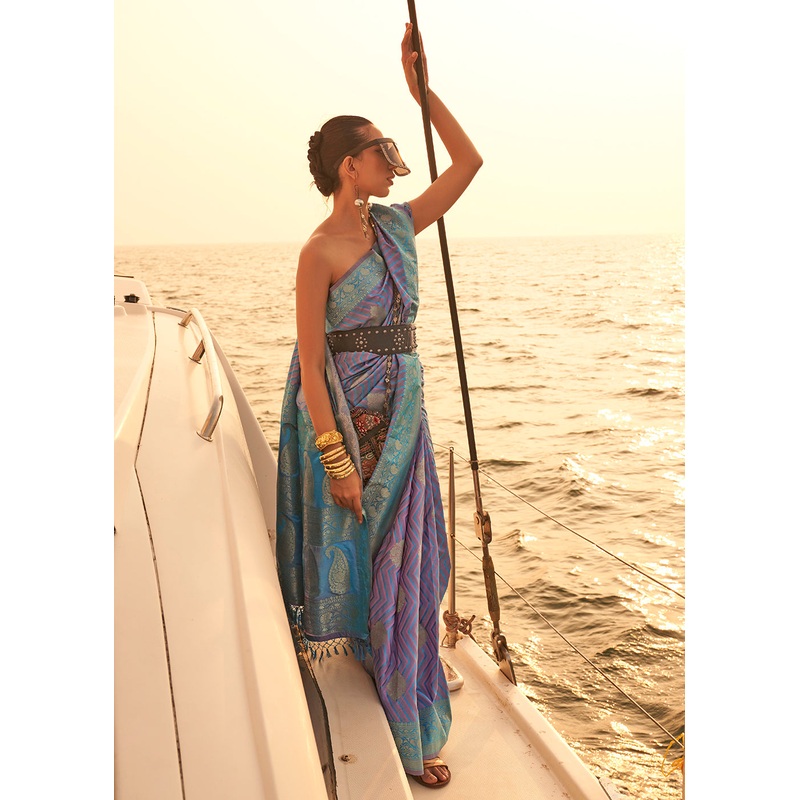 Ravishing Purple-Blue Pure Satin Silk Two Tone Weaving Saree