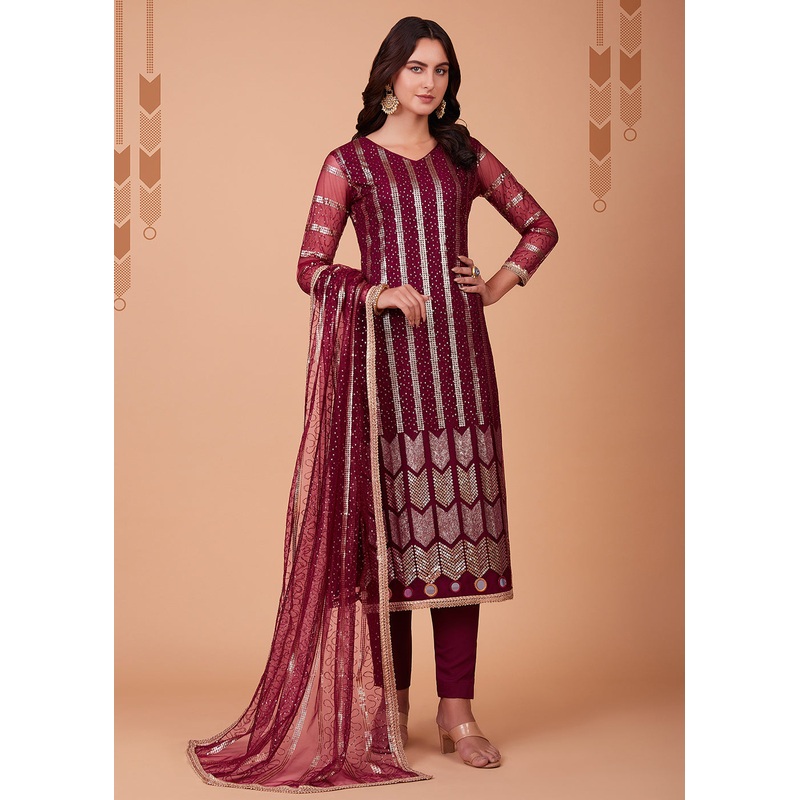 Ravishing Wine Tone to Tone Thread Net Salwar Kameez