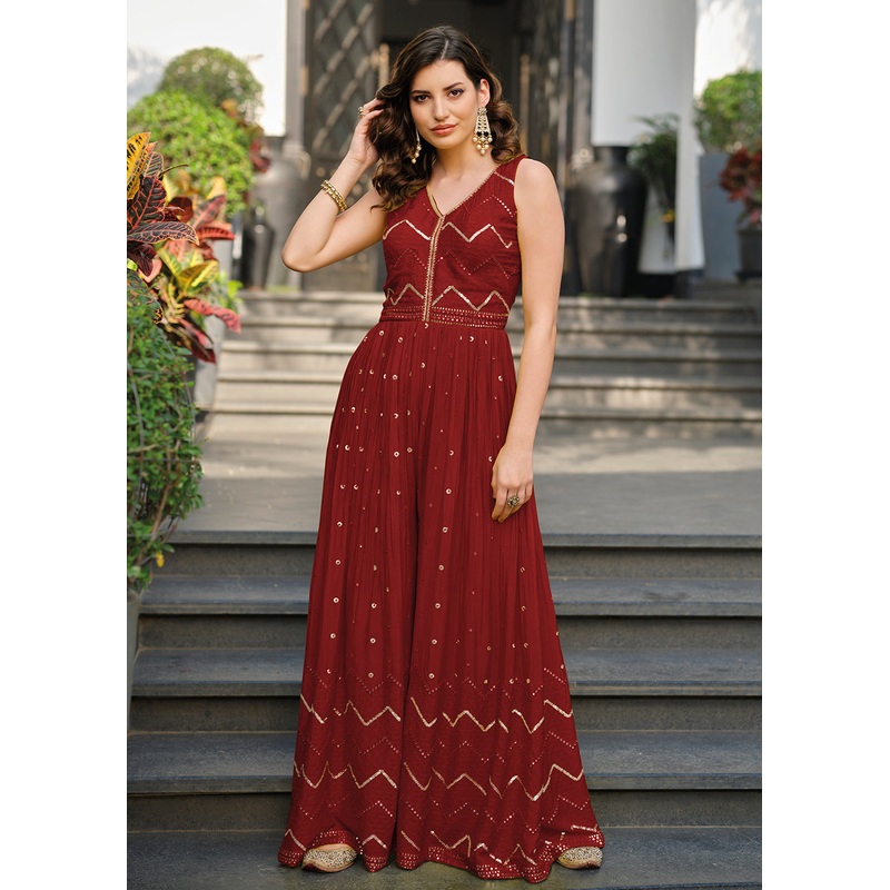 Red Indo-Western Embroidered Chinon Jumpsuit