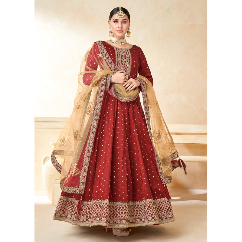 Red Silk Embroidered Indian Ethnic Wear Anarkali Dress