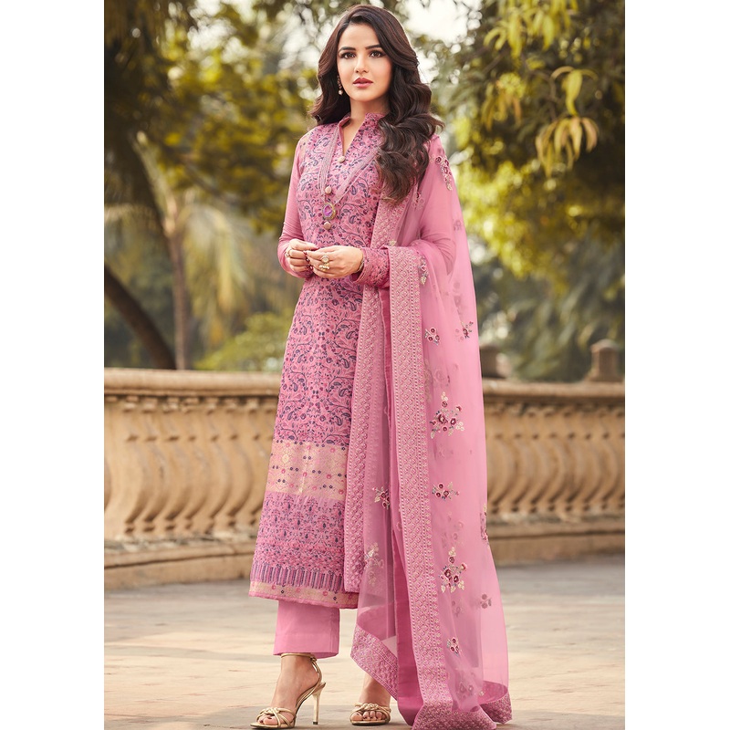 Rose Pink Viscose Jacquard Pant Style Salwar Kurta Set