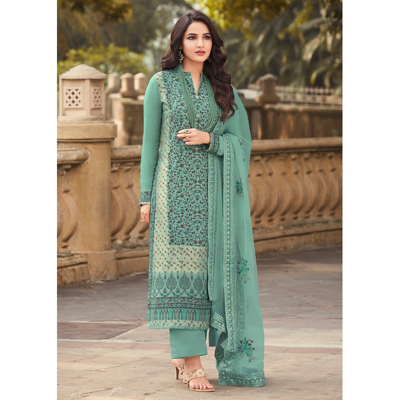 Sea Green Viscose Jacquard Pant Style Salwar Kurta Set