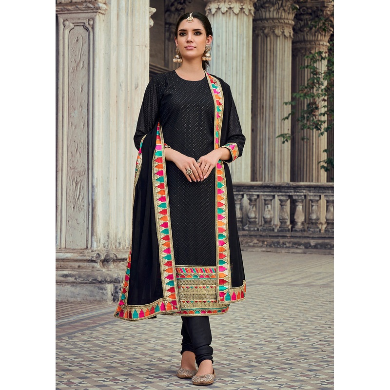 Sequins Embroidered Black Georgette Pant Style Suit