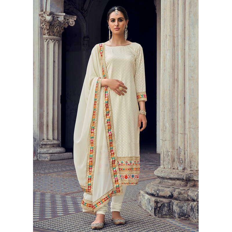 Sequins Embroidered Off White Georgette Pant Style Suit