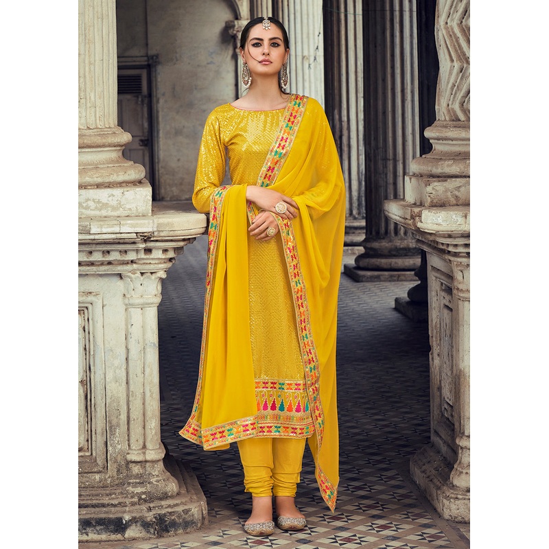Sequins Embroidered Yellow Georgette Pant Style Suit