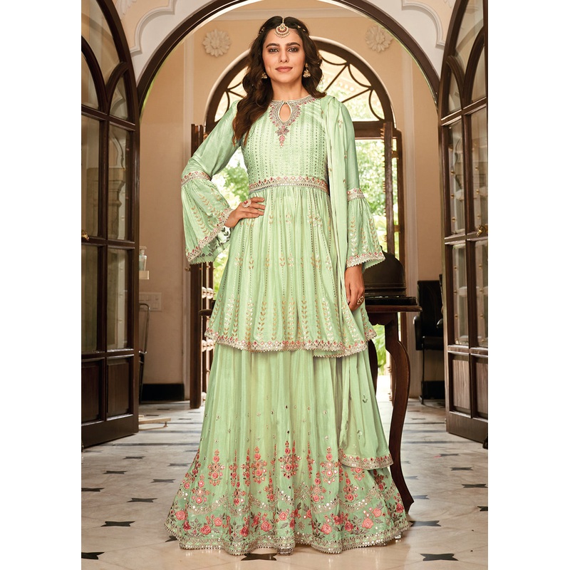 Sharara Top Style Green Heavy Chinon Lehenga Skirt Suit