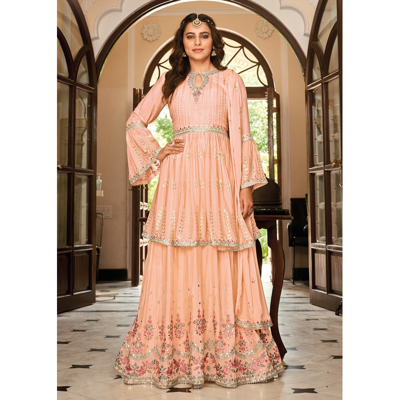 Sharara Top Style Peach Heavy Chinon Lehenga Skirt Suit