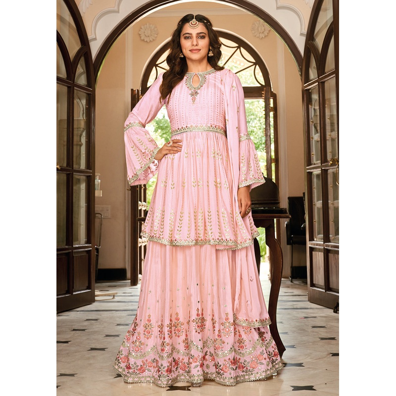 Sharara Top Style Pink Heavy Chinon Lehenga Skirt Suit