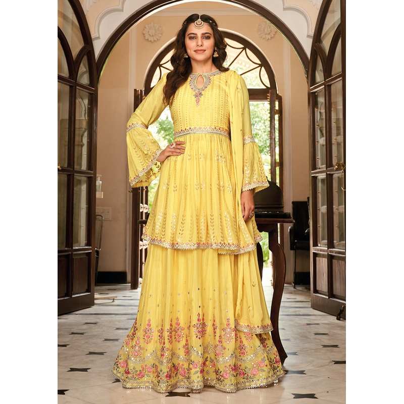 Sharara Top Style Yellow Heavy Chinon Lehenga Skirt Suit