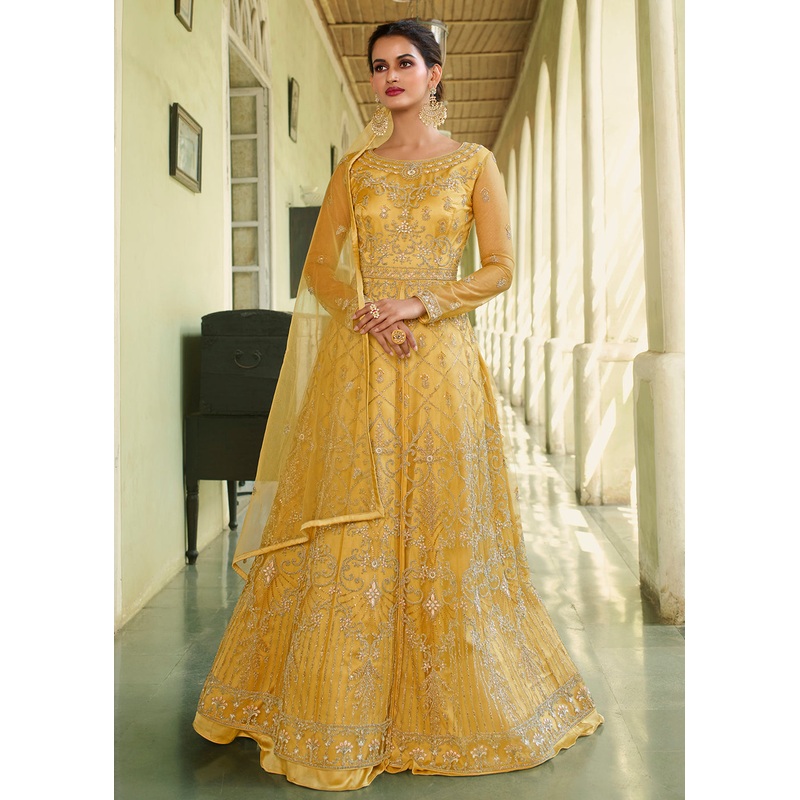 Slit Style Delightful Yellow Zari Embroidered Party Festive Anarkali