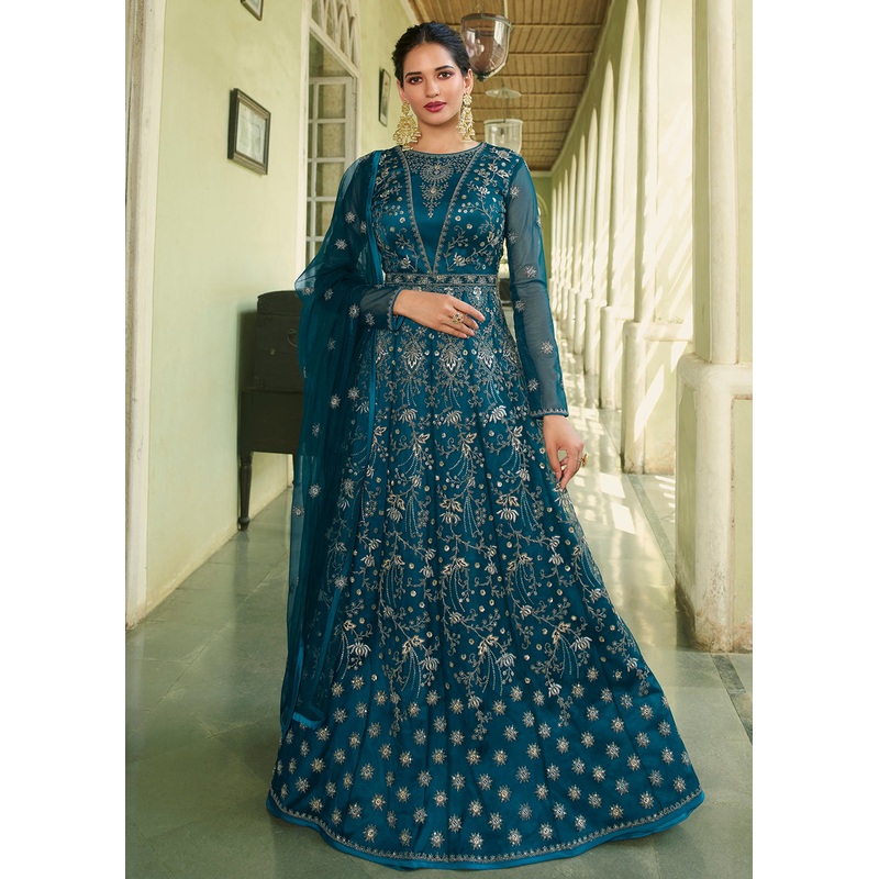Slit Style Fabulous Teal Zari Embroidered Party Festive Anarkali