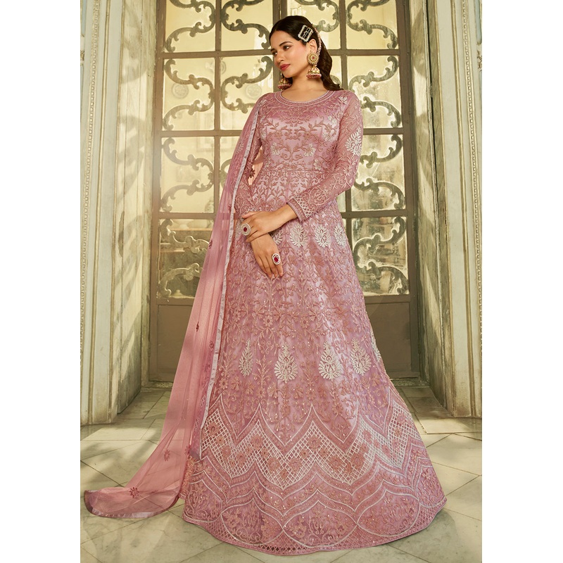 Slit Style Majestic Pink Zari Embroidered Party Festive Anarkali