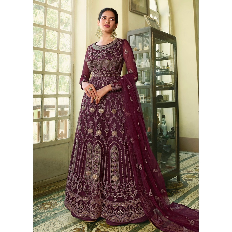 Slit Style Outstanding Purple Zari Embroidered Party Festive Anarkali
