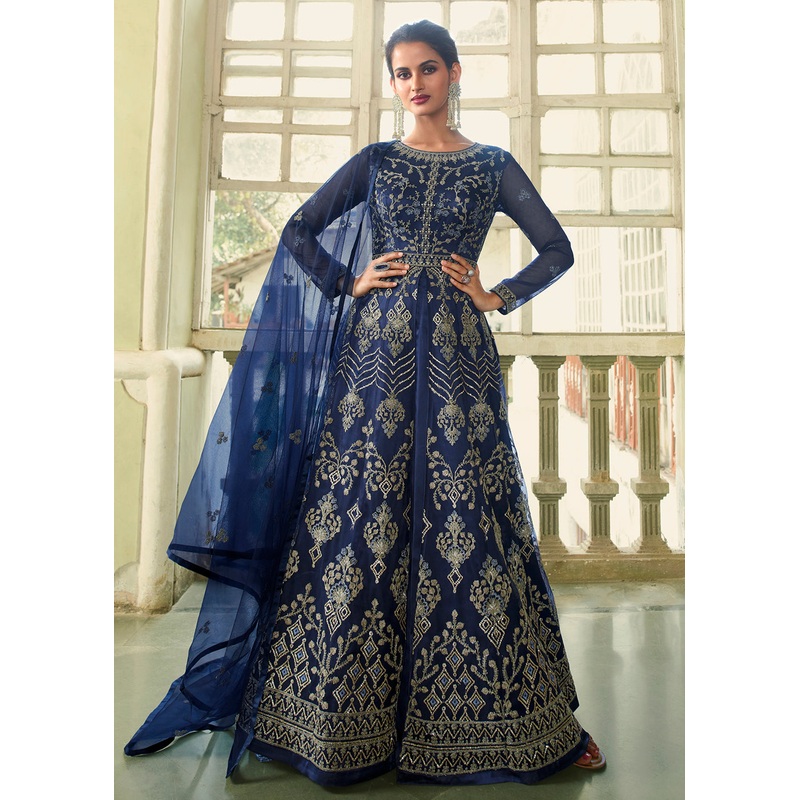 Slit Style Ravishing Blue Zari Embroidered Party Festive Anarkali