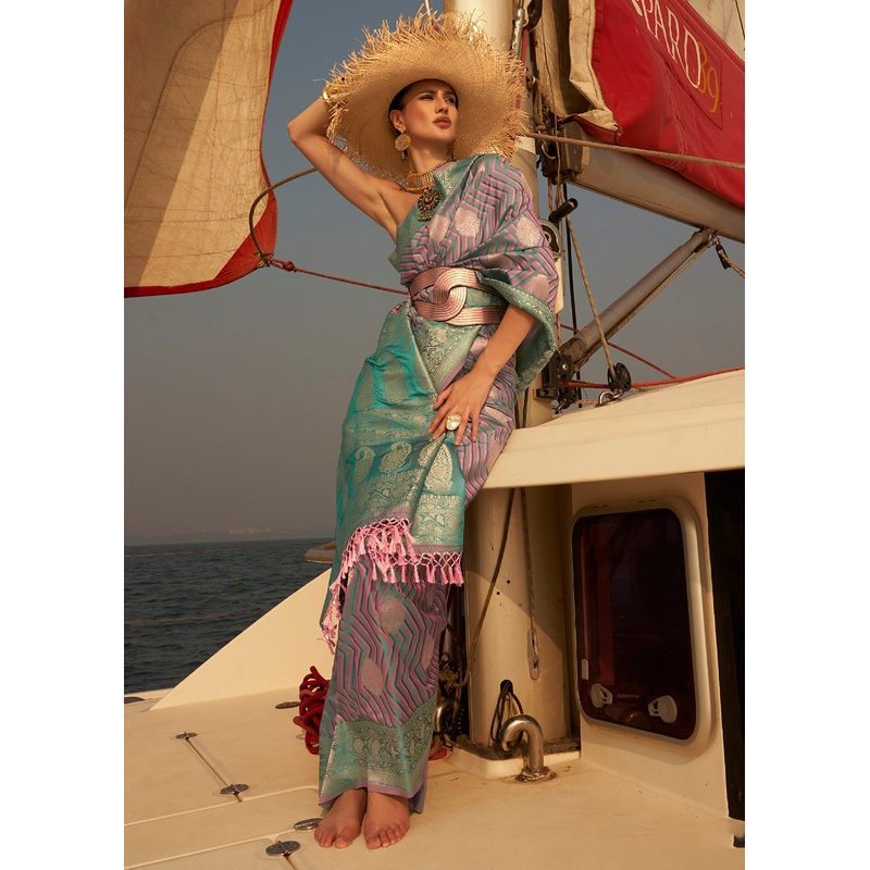Splendid Pink-Blue Pure Satin Silk Two Tone Weaving Saree