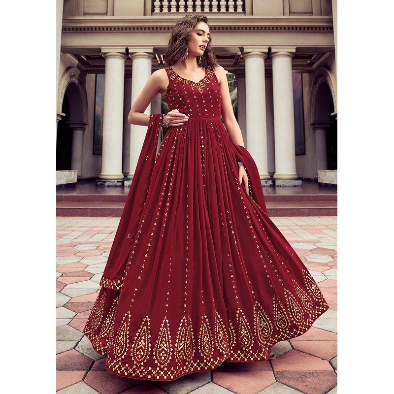 Stunning Maroon Georgette Thread & Sequins Wedding Party Gown