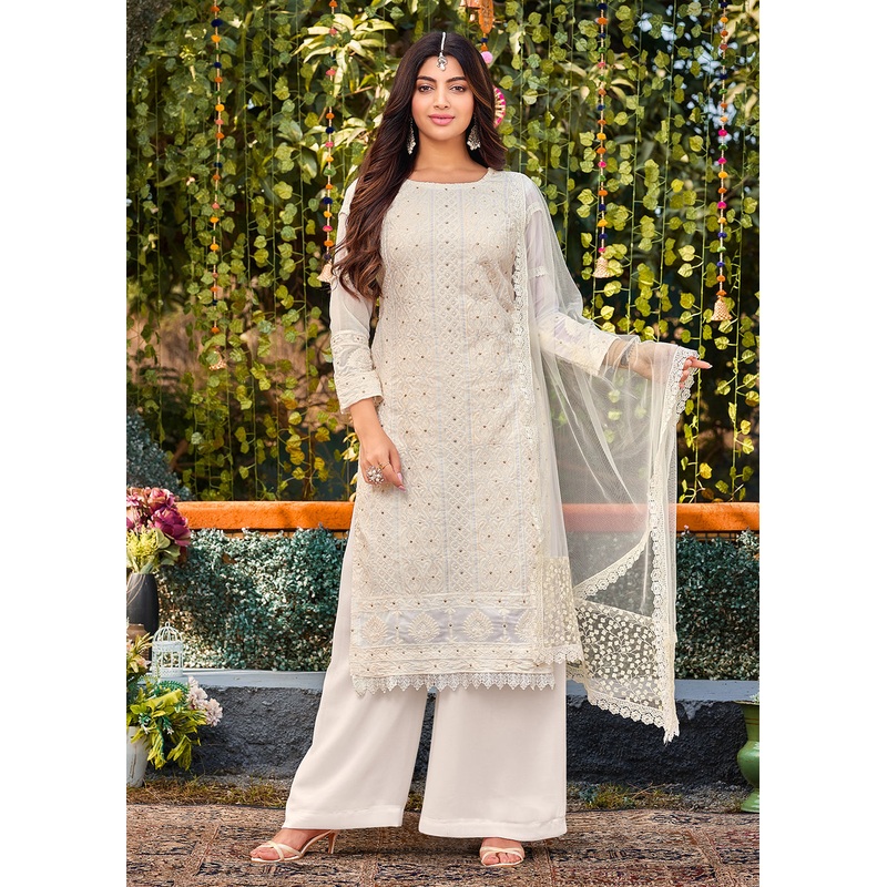 Stunning White Georgette Embroidered Wedding Festive Salwar Suit