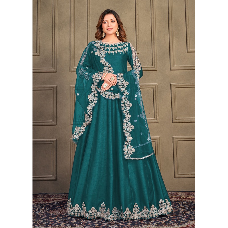 Stylish Teal Green Art Silk Floor Length Anarkali Dress