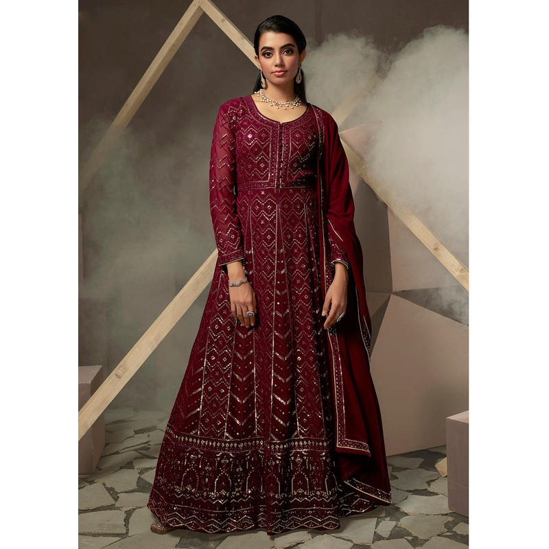 Swanky Maroon Lucknowi Style Embroidered Georgette Gown