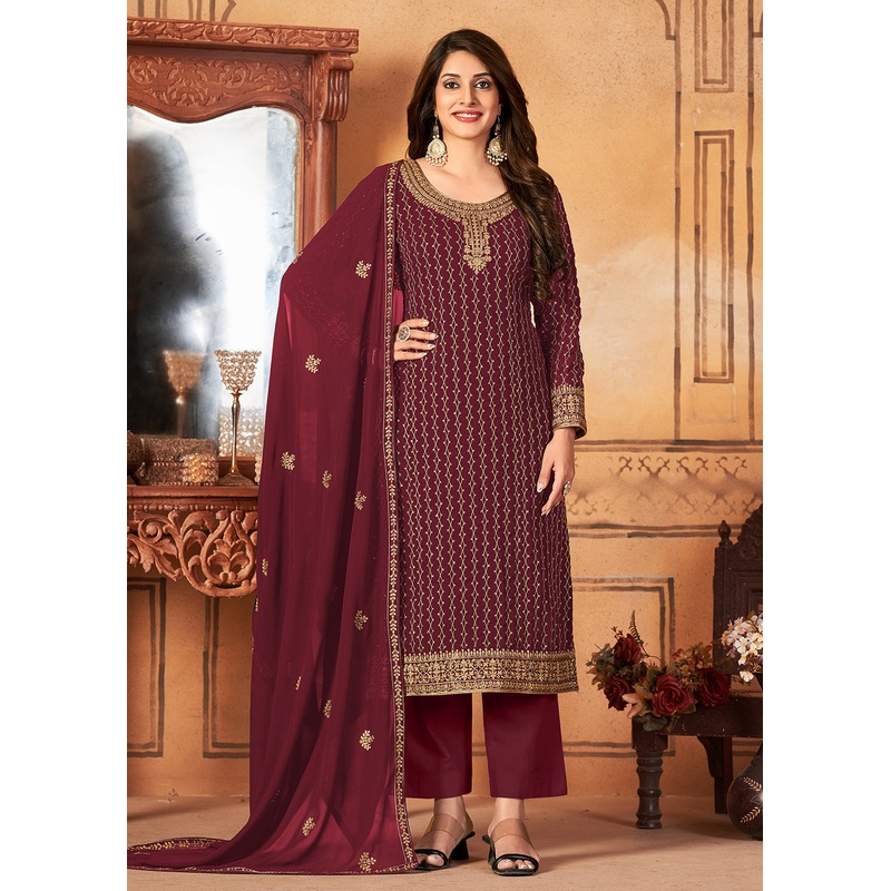 Traditional Dazzling Maroon Embroidered Festival Salwar Suit