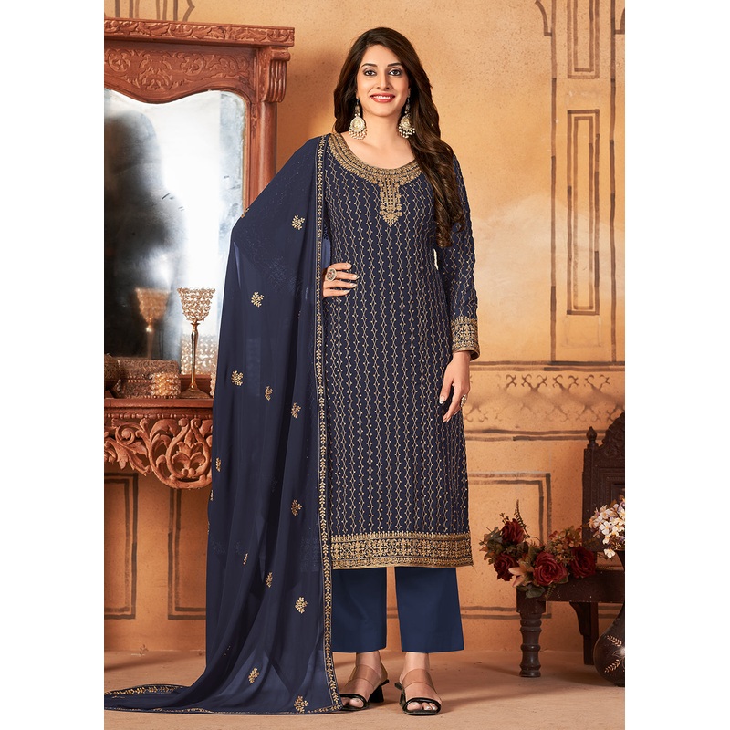 Traditional Tempting Navy Blue Embroidered Festival Salwar Suit