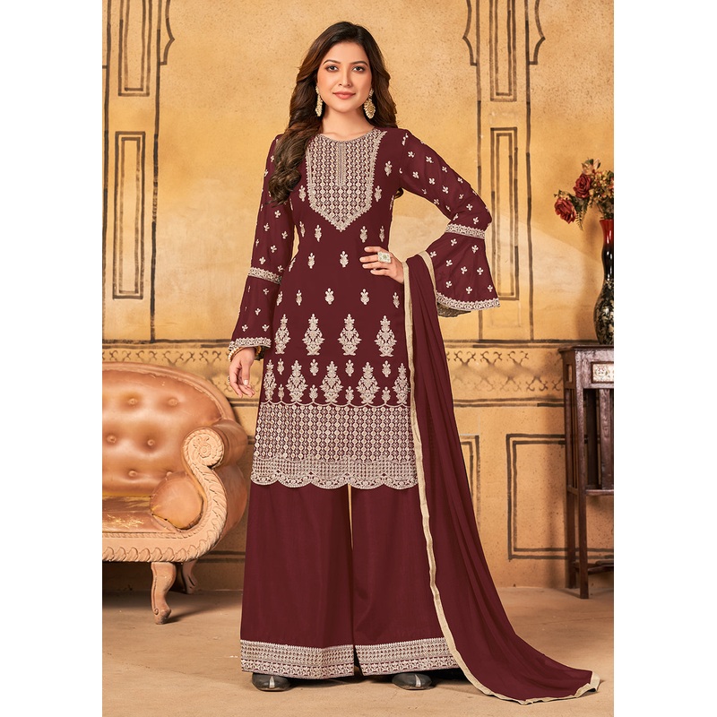 Traditional Wedding Maroon Georgette Palazzo Salwar Kurta