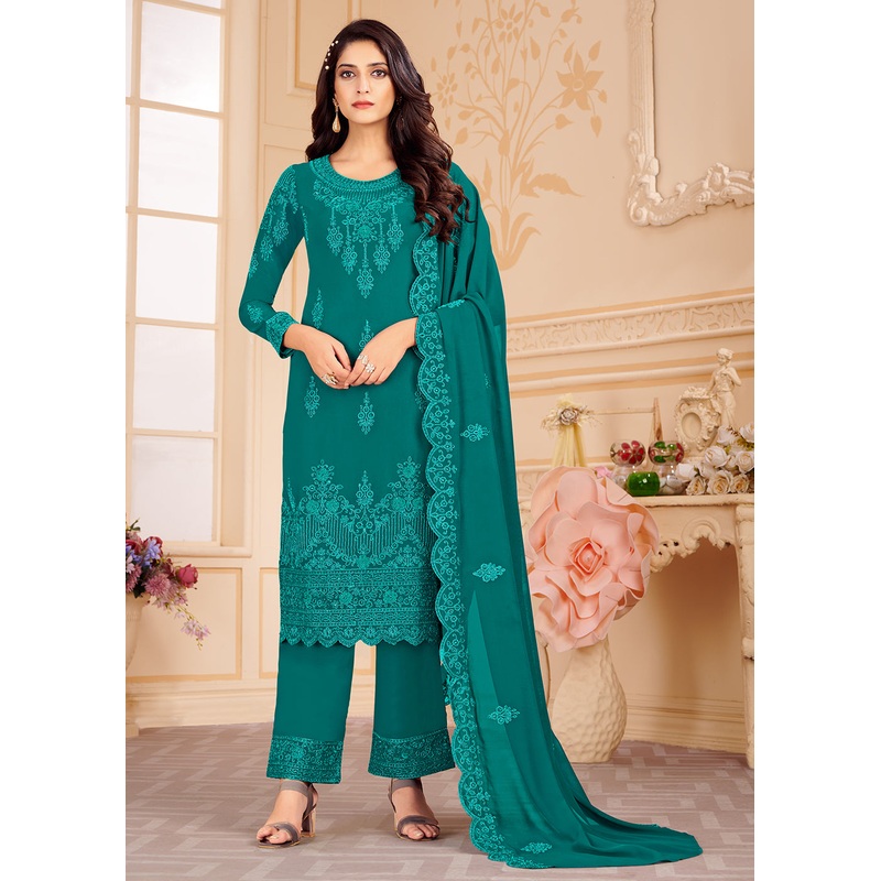 Trendy Teal Blue Georgette Eid Wear Salwar Kurta Suit