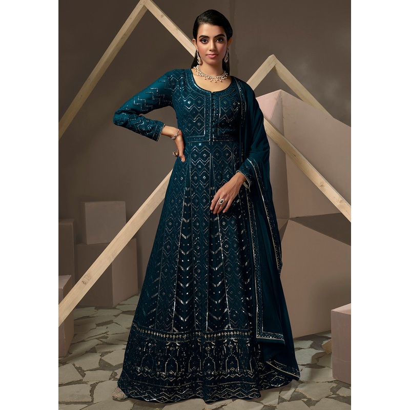 Turquoise Blue Lucknowi Style Embroidered Georgette Gown