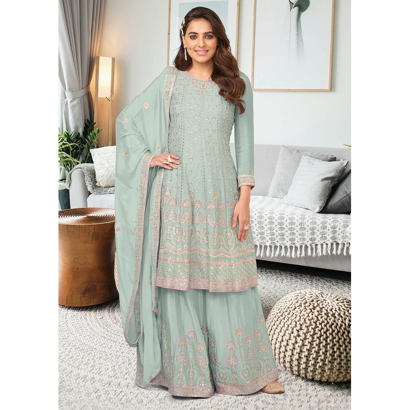 Adorning Aqua Blue Heavy Chinon Embroidered Palazzo Kurta Set