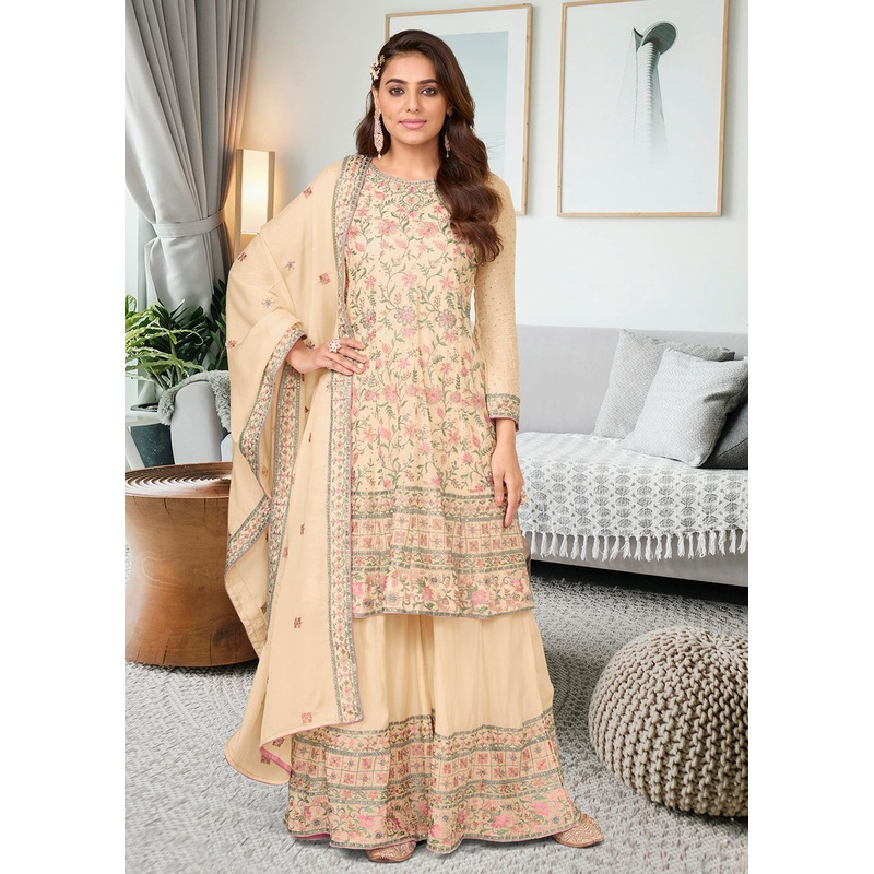 Adorning Beige Heavy Chinon Embroidered Palazzo Kurta Set