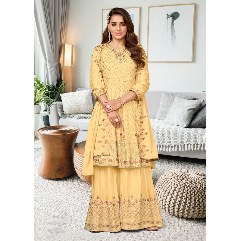 Adorning Lemon Yellow Heavy Chinon Embroidered Palazzo Kurta Set