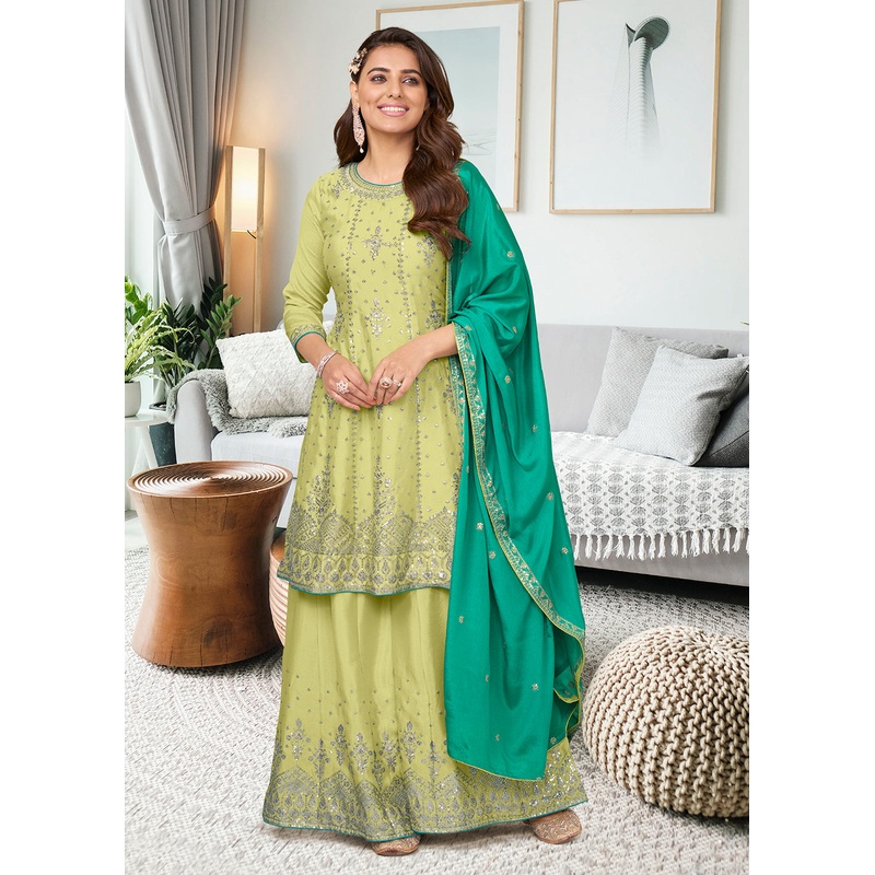 Adorning Pista Green Heavy Chinon Embroidered Palazzo Kurta Set