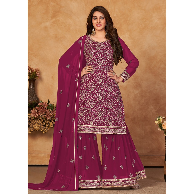 Appealing Magenta Pink Embroidered Ceremonial Gharara Suit