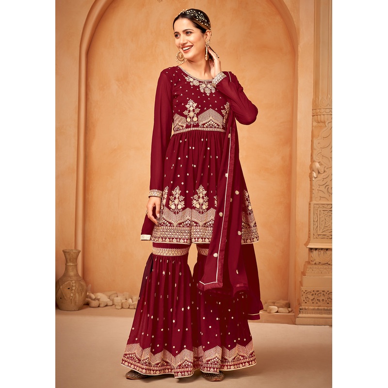 Appealing Maroon Embroidered Wedding Festive Gharara Suit